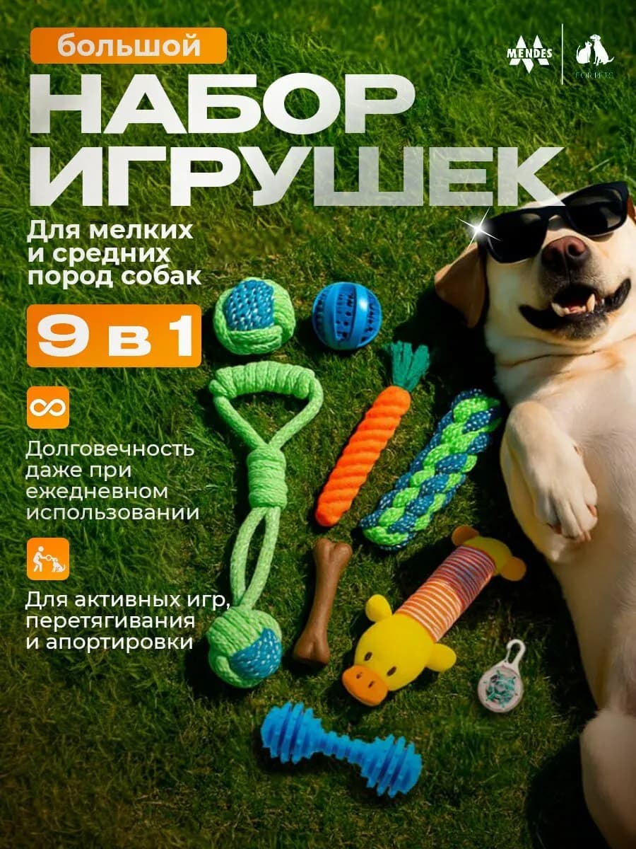 Игрушки для собак Mendes / Набор игрушек для мелких, средних пород и щенков 9 шт.